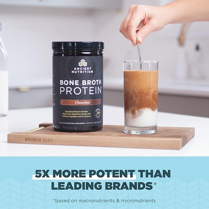 Ancient Nutrition Protein Powder Made from Real Bone Broth, Chocolate, 20g Protein Per Serving, 40 Serving Tub, Gluten Free Hydrolyzed Collagen Peptides Supplement