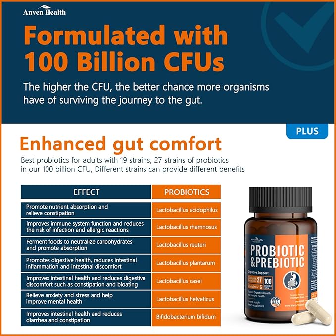 100 Billion Probiotics for Men and Women 27 Strains 5 Organic Prebiotics for Gut Digestive & Immune Health, Supports Diarrhea Gas Bloating, Vegan Probiotic Supplement Formula丨180 Caps