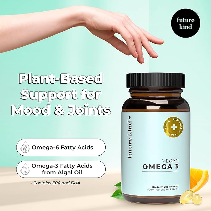 Future Kind Vegan Omega 3 Supplement (2 Month Supply) - Glass Bottle & Carrageenan-Free Algae Omega 3 Supplements for Joint, & Mood Support - DHA EPA Supplements for Kids & Adults