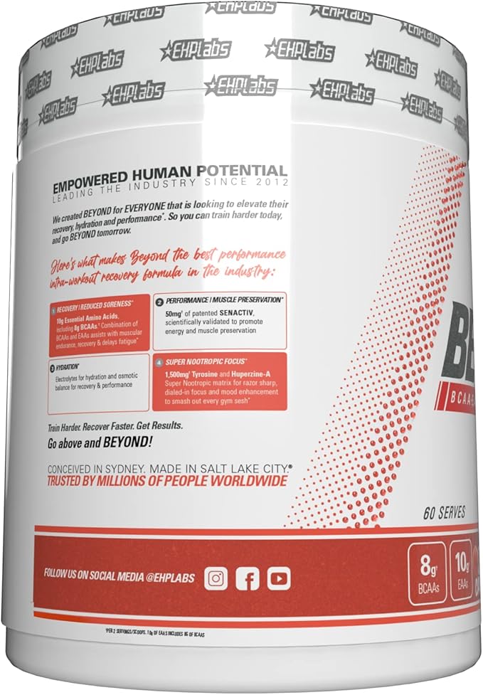 EHP Labs Beyond BCAA Powder Amino Acids Post Workout Recovery - BCAAs Essential Amino Acids EAA Supplements Powder - 10g Amino Acids Supplement for Muscle Recovery - 60 Servings (Peach Candy Rings)