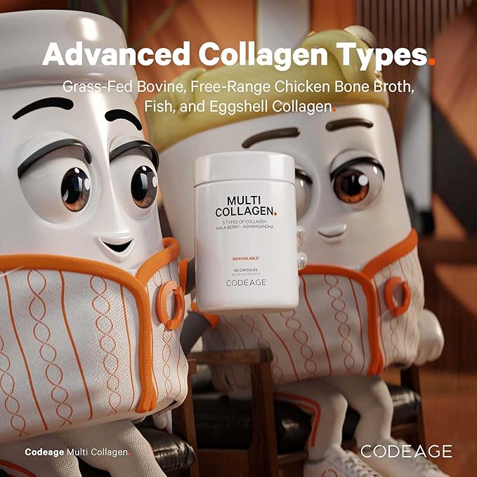 Codeage Multi Collagen Peptides Protein Capsules, 5 Collagen Types, Grass-Fed & Hydrolyzed Bovine Collagen Pills Supplement, Ashwagandha, Amla Berry Vitamins, Collagen Peptides - 2-Pack