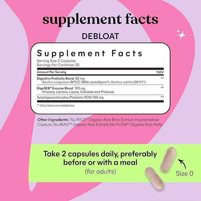 Lemme Debloat 3-in-1 Prebiotic, Probiotic & Digestive Enzyme Capsules for Bloating & Gas Relief - 2 Clinically Studied Probiotics w/5 Digestive Enzymes to Improve Digestion, Women & Men, Vegan, 60 ct