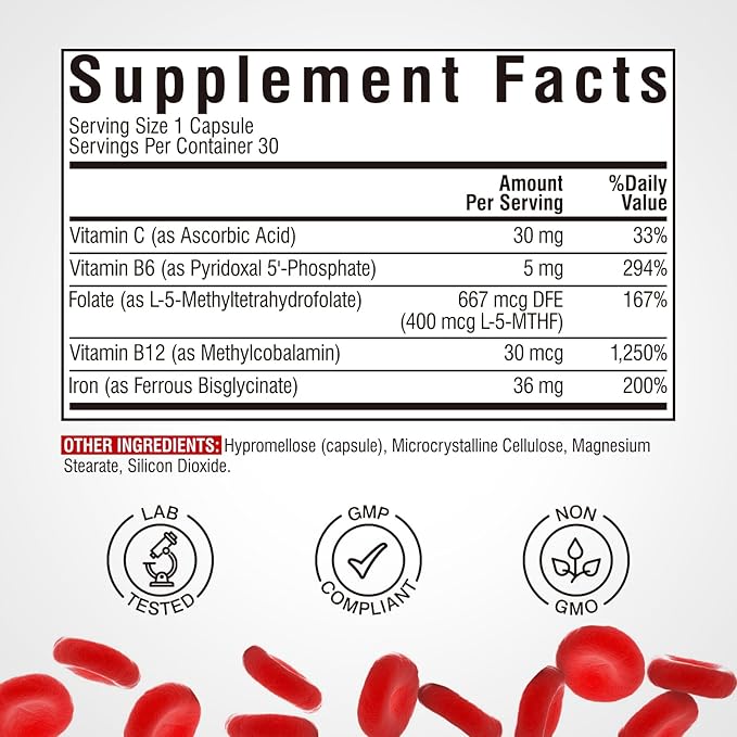 Iron Supplement for Women & Men, with Vitamins C, B6, B12 & Folate for Iron Deficiency, Blood Building & Energy Support, Stomach Friendly, Better Absorption, Non-GMO, No Gluten, 30 Vegan Caps