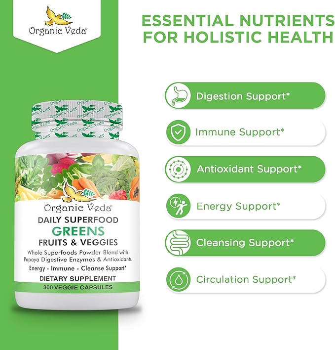 Organic Veda Superfood Greens Fruits & Vegetables 300 Capsules | 30 Daily Organic Fruits & Veggies with Chlorophyll, Papaya Enzymes, Acerola Vitamin C, Turmeric, Beet, Moringa, Green Tea Extract
