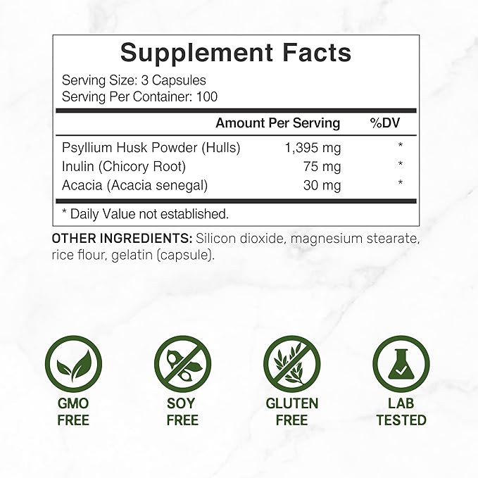 Psyllium Husk 1500mg Per Serving, 300 Capsules – 3 in 1 Fiber Supplement with Inulin & Acacia Complex – Natural Soluble Fiber, Supports Digestive Health – Plant Based, Non-GMO