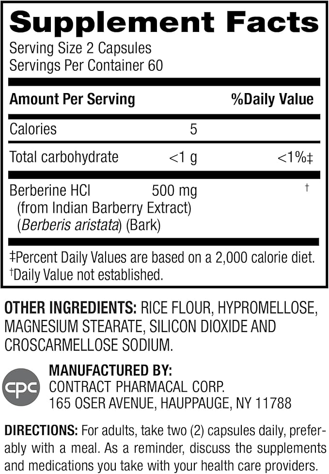 Earth's Splendor Berberine 500mg Capsules, Dietary Supplement, Supports Sugar Metabolism (120ct Bottle, 2 Month Supply) Non-GMO, Vegan-Friendly