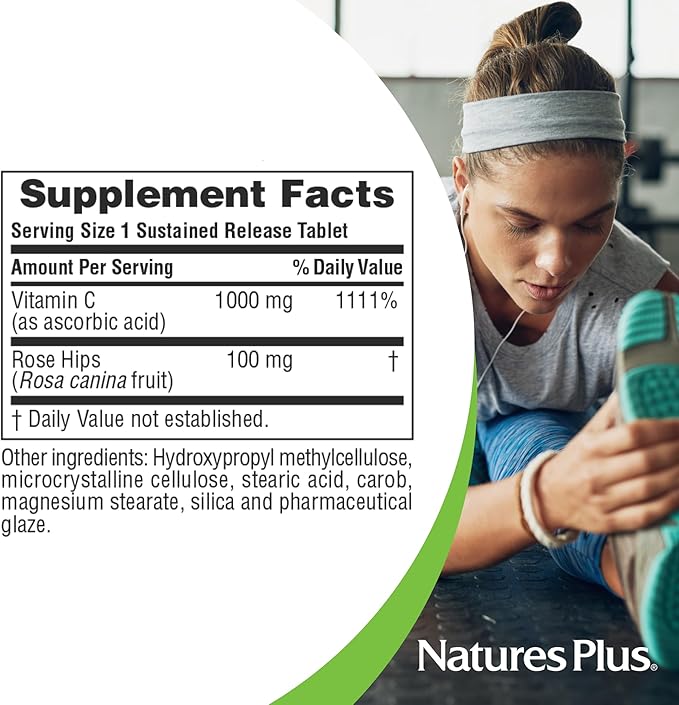 Natures Plus Vitamin C with Rose HIPS - 1000 mg Ascorbic Acid, 180 Vegetarian Tablets - Gluten-Free - 180 Servings