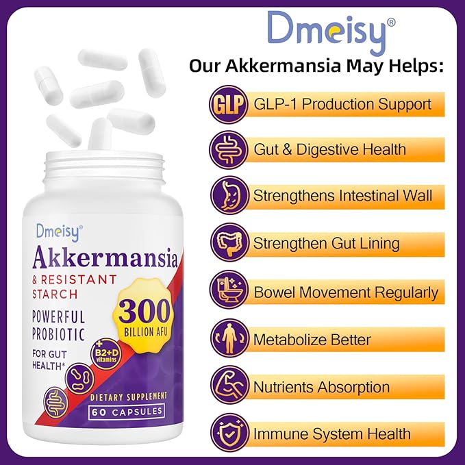 GLP-1 Supplement - 300 Billion AFU Akkermansia Muciniphila, Akkermansia Probiotic for Women & Men, for Boost GLP-1, Digestive, Gut, Immunity, Enhances Gut Lining Function & Intestinal Walls, 120 Count