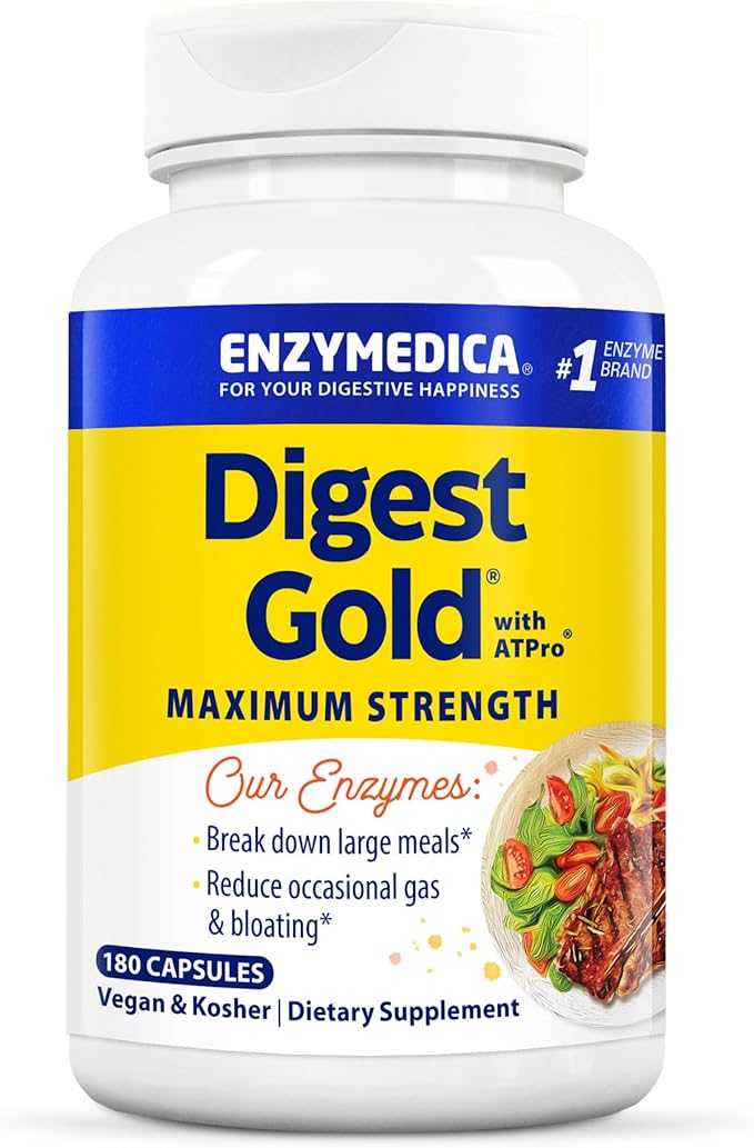 Enzymedica Digest Gold + ATPro, Maximum Strength Digestive Enzymes, Helps Digest Large Meals for Instant Bloating Relief, 180 Count