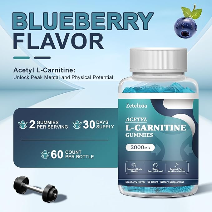 Acetyl L-Carnitine Gummies 2000mg, L-Carnitine Supplement with Vitamin C & B12, ALCAR for Energy, Brain & Mood Support, Fatty Acid Metabolism, Vegan, Non-GMO, Sugar Free, 60 Count
