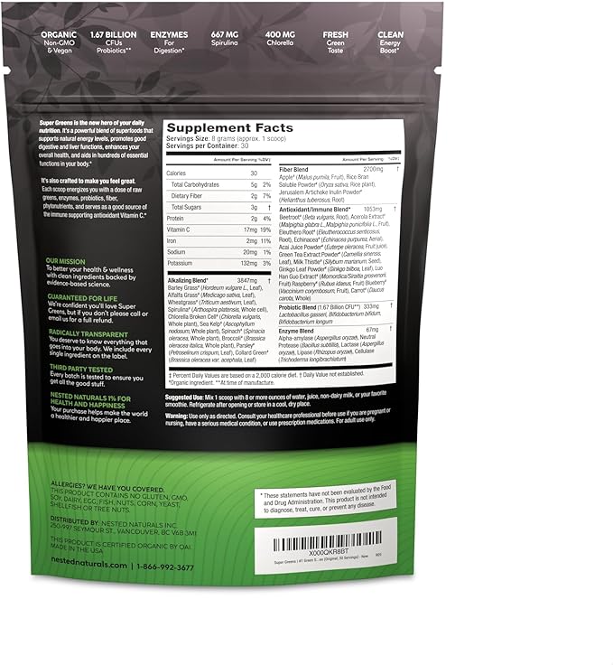 Super Greens Daily Greens Superfood Powder - Certified USDA Organic Green Powder w/20+ Whole Foods, Spirulina Powder, Wheat & Barley Grass - Probiotics, Fiber & Enzymes - Original Refill, 30 Servings