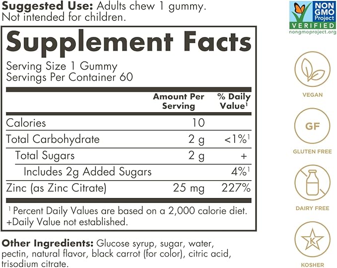 Solgar Zinc Gummies Adult Vitamin with 25mg Ultra Potency Zinc Citrate for Immune Support - Mixed Fruit Flavor, Vegan, Kosher & Gluten Free Gummy Supplements for Women & Men, 2g Sugar, 60 Servings