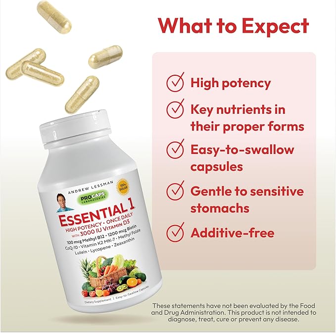 ANDREW LESSMAN Essential-1 Multivitamin 3000 IU Vitamin D3 30 Small Capsules – 100 mcg Methyl B12. CoQ10 Lutein Lycopene Zeaxanthin. High Potency. No Additives. Gentle Ultra-Mild. One Daily Capsule