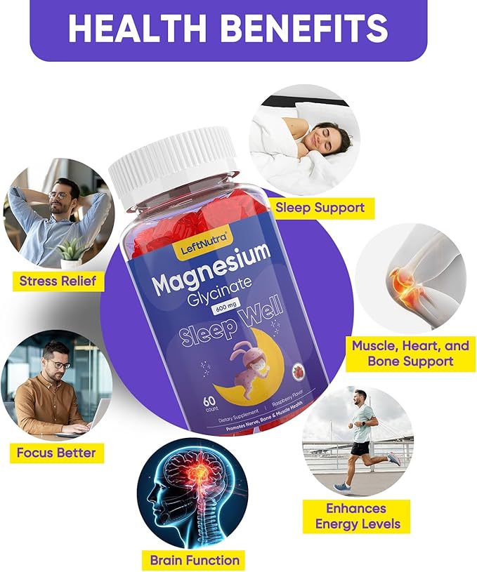 Magnesium Glycinate Gummies 600mg for Sleep: Magnesium Supplement for Adult - Calm Magnesium Gummies Multivitamin, Raspberry Flavor, 60 Count
