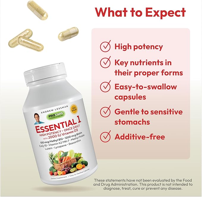 ANDREW LESSMAN Essential-1 Multivitamin 2000 IU Vitamin D3 60 Small Capsules – 100 mcg Methyl B12. CoQ10 Lutein Lycopene Zeaxanthin. High Potency. No Additives. Gentle Ultra-Mild. One Daily Capsule