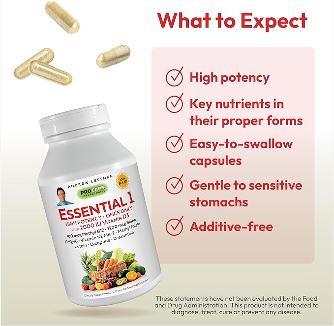 ANDREW LESSMAN Essential-1 Multivitamin 2000 IU Vitamin D3 360 Small Capsules – 100 mcg Methyl B12. CoQ10 Lutein Lycopene Zeaxanthin. High Potency. No Additives. Gentle Ultra-Mild. One Daily Capsule
