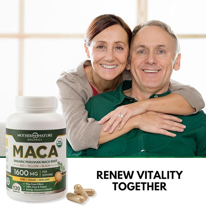 Mother Nature USDA Organic Maca Root Capsules 1600mg, Vegan, Raw Maca Supplement for Stamina, Hormonal Balance & Well-Being, Non-GMO Premium Peruvian Maca for Men & Women, Reproductive Health (120ct)