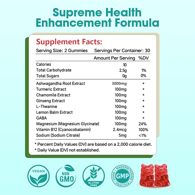 Ashwagandha Gummies with L-theanine, 3000mg Ashwa Root Supplement Gummy for Women Men, 60 Strawberry Flavored Gummies