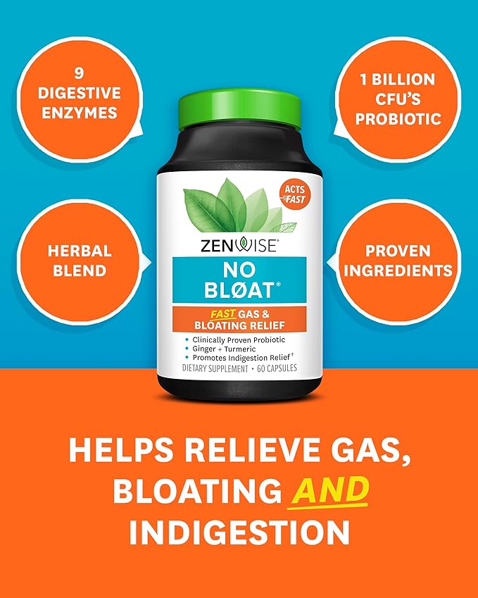 Zenwise Health NO Bloat Probiotics for Women and Men Digestive Health with Ginger, Dandelion, and Lactase, Digestive Enzymes for Gas and Bloating Relief - Vegan Water Retention Pills - 60 CT