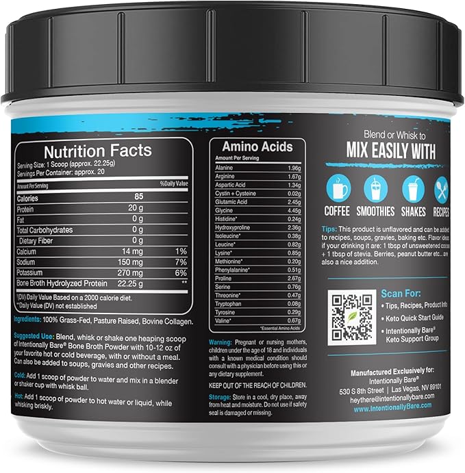 Intentionally Bare Bone Broth Collagen Peptides Powder Unflavored - Dairy Free Collagen Peptide Powder Type 1 & 3 - Pasture Raised & Grass Fed Collagen Protein Powder for Gut & Joints - 20 Servings
