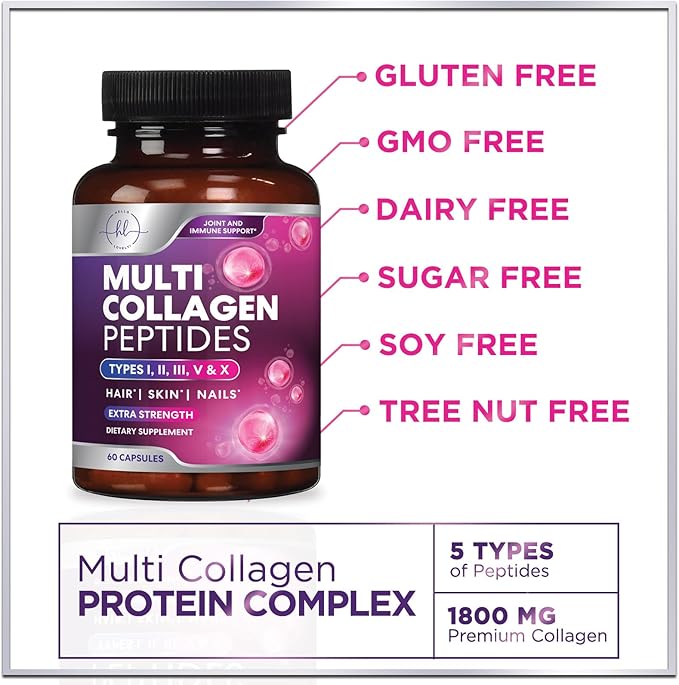Collagen Peptides Powder Capsules for Women, 1800mg Hydrolyzed Collagen Type I, II, III, V & X, Hair, Nail, Skin, Bone & Joint Support, Collagen for Women & Men, Grass-Fed Collagen - 60 Capsules