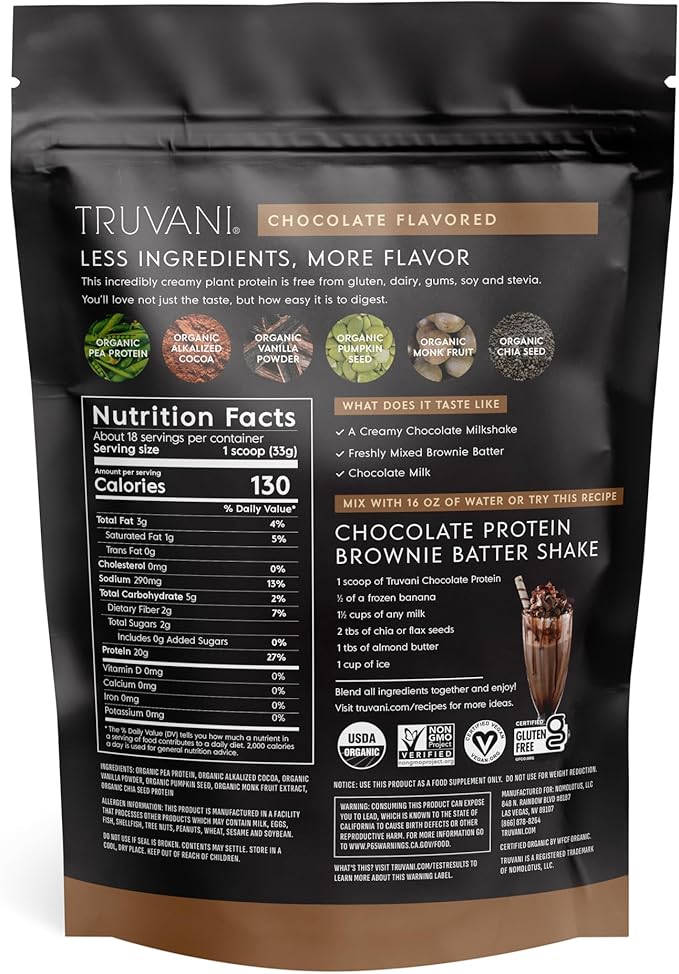 Truvani Vegan Pea Protein Powder | Chocolate | 20g Organic Plant Based Protein | 18 Servings | Keto | Gluten & Dairy Free | Low Carb | No Added Sugar
