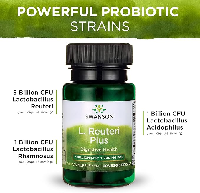 Swanson L. Reuteri Probiotic Plus w/L. Rhamnosus L. Acidophilus & FOS Prebiotic Digestive Support - Promotes Gut Health w/ 7 Billion CFU per Capsule - (30 Veggie Capsules) 2 Pack