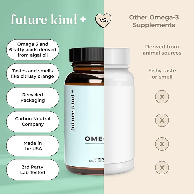 Future Kind Vegan Omega 3 Supplement (2 Month Supply) - Glass Bottle & Carrageenan-Free Algae Omega 3 Supplements for Joint, & Mood Support - DHA EPA Supplements for Kids & Adults