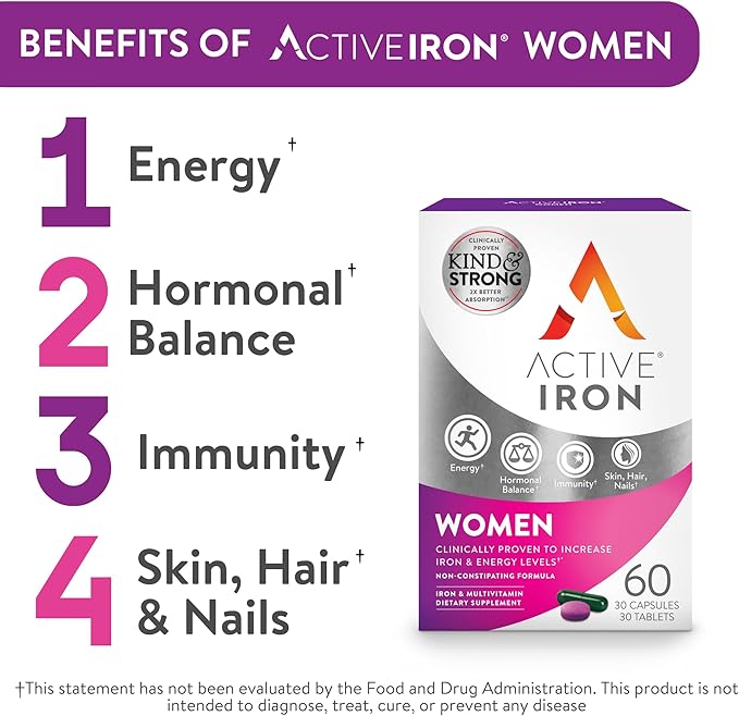 Active Iron for Women, Non-Constipating, 30 Active Iron High Potency Capsules with 30 Multivitamin Tablets, Helps Strengthen Your Immune System