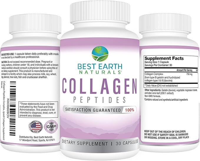 Best Earth Naturals Hydrolyzed Collagen Type I & III - Collagen Peptides Supplement for Women and Men to Support Hair, Skin, Nails, & Joints 30 Day Supply (30 Capsules)