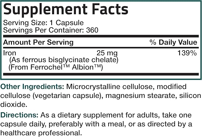Bronson Iron Bisglycinate 25 mg Gentle on The Stomach, Supports Energy & Healthy Red Blood Cell Production - Non-Constipating Formula - Non GMO, 360 Vegetarian Capsules