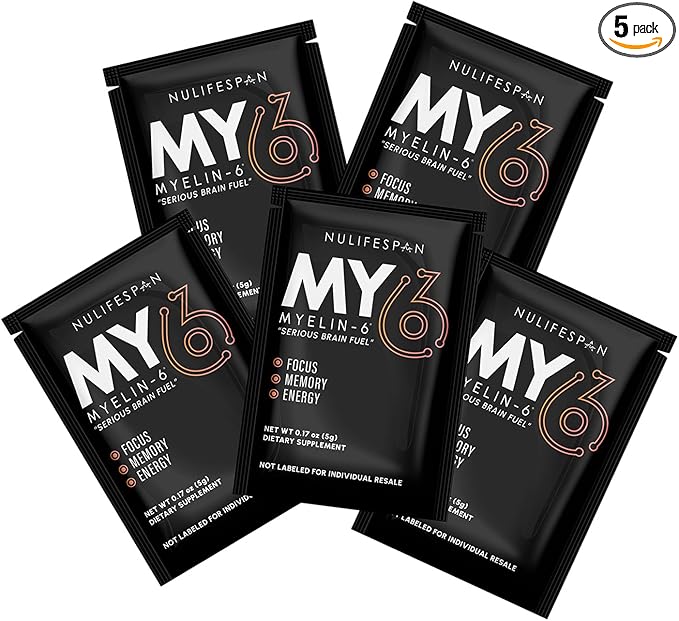 Myelin-6 Sampler Pack, 5 Single Serve Packs, Focus Supplement & Brain Health with AlphaSize, Memory and Cognitive Function Support, Orange Tangerine Flavor, Gluten-Free, Non-GMO