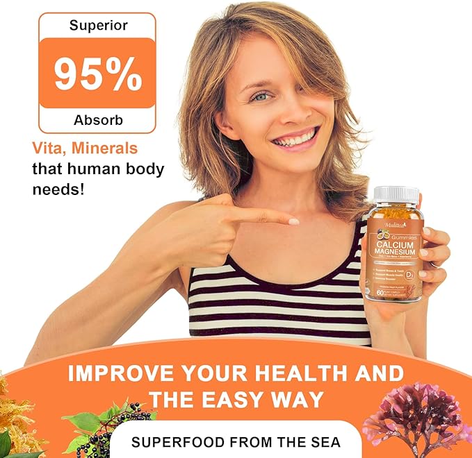 1200mg Calcium Gummies with D3,K2,Zinc - Plant Complex Calcium Magnesium Supplement with Glycinate,Potassium,Vitamin C &Whole Natural Food for Bone & Immune Support- 60 Chewable Gummy Sugar-Free