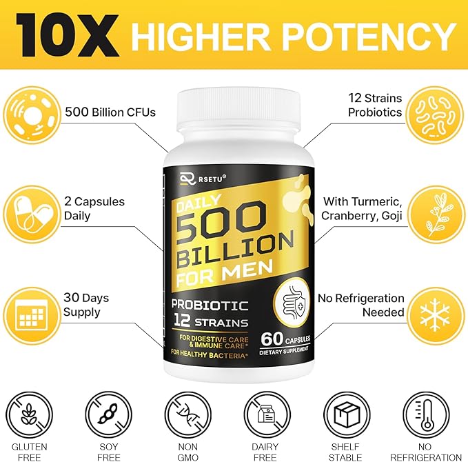 Probiotics for Men, 500 Billion CFU 12 Strains Mens Probiotic with Turmeric Cranberry & Goji, Gut Health for Men, Probiotics for Men Digestive Health, Bloating, Immune & Overall Health, 30-Day Supply