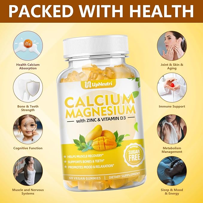 Calcium Magnesium Zinc with Vitamin D3 Supplement, Sugar Free Calcium Gummies for Women Men, High Absorption Zinc Gummies for Bone & Muscle & Immune Health, Vegan Mango Flavor - 60 Count