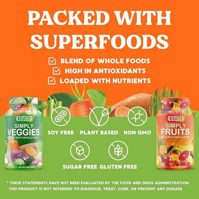 Simply Nature's Promise - Packed with Over 40 Different Fruits & Vegetables - 2 Month Supply- Made with Whole Food Superfoods - with Aloe Vera – 100% Soy Free - 360 Capsules