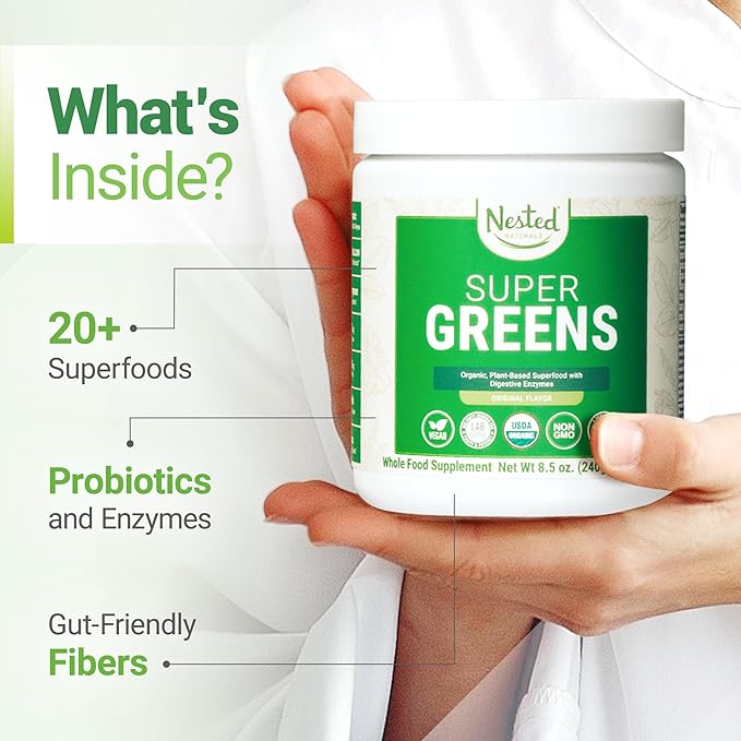 Super Greens Daily Greens Superfood Powder - Certified USDA Organic Green Powder w/20+ Whole Foods, Spirulina Powder, Wheat & Barley Grass - Probiotics, Fiber & Enzymes - Original Flavour, 30 Servings