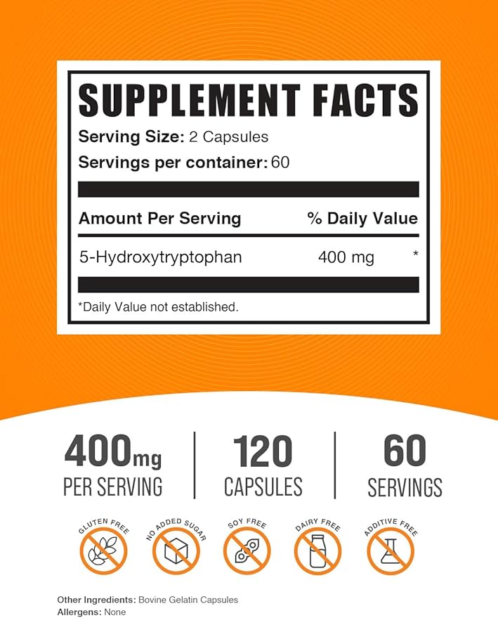 BulkSupplements.com 5-HTP Capsules - 5-Hydroxytryptophan, 5 HTP Supplement - 5-HTP 400mg, for Overall Well-Being - Gluten Free, 2 Capsules per Serving, 120 Capsules (Pack of 1)