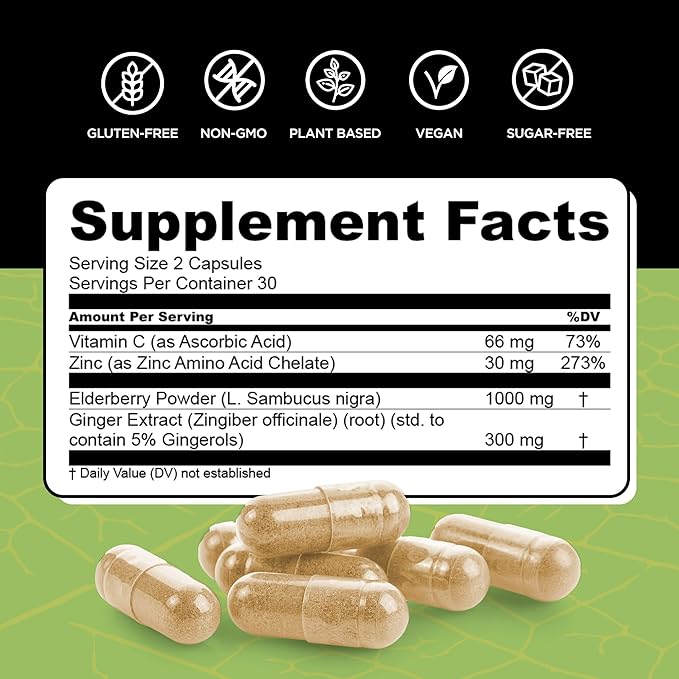 Wellness Supplement (30 Capsules) - Ginger, Elderberry, Vitamin C, and Zinc Blend to Support Immune Health and antioxidant Levels, Boost Immunity, Vegan, Non-GMO, Sugar Free