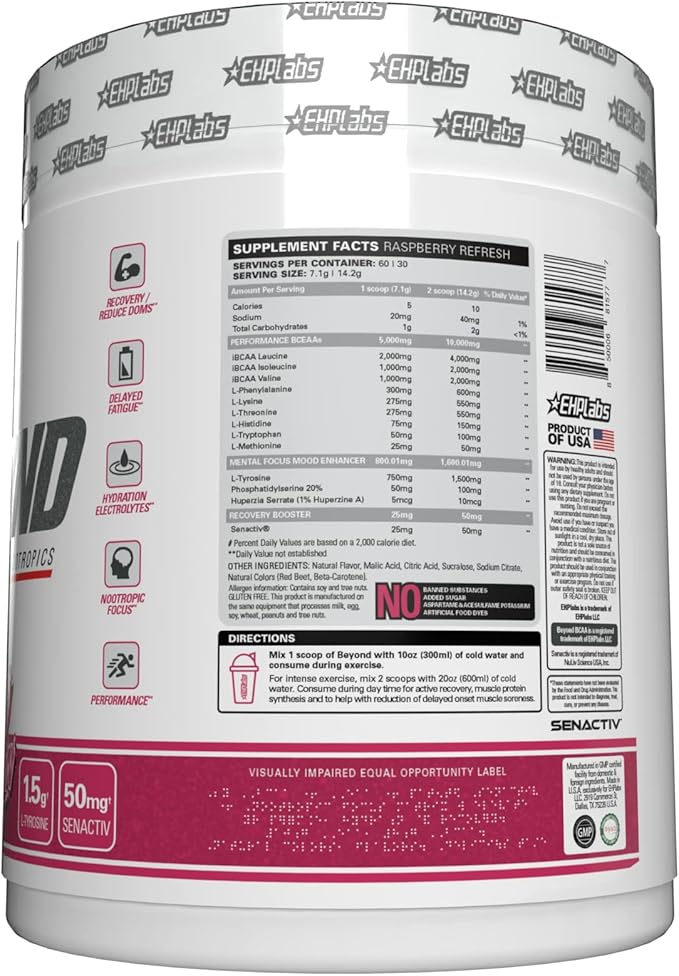 EHP Labs Beyond BCAA Powder Amino Acids Post Workout Recovery - BCAAs Essential Amino Acids EAA Supplements Powder - 10g Amino Acids Supplement for Muscle Recovery, 60 Servings (Dragon Fruit)