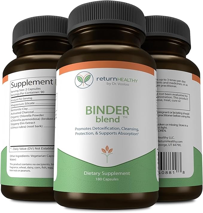 Binder Blend - Toxin Binder Supplement, Detox Capsules for a Healthy Gut - 180 Capsules - 90 Servings - 960mg Activated Charcoal & 480mg Organic Chlorella - Bloating Relief - Bentonite Clay