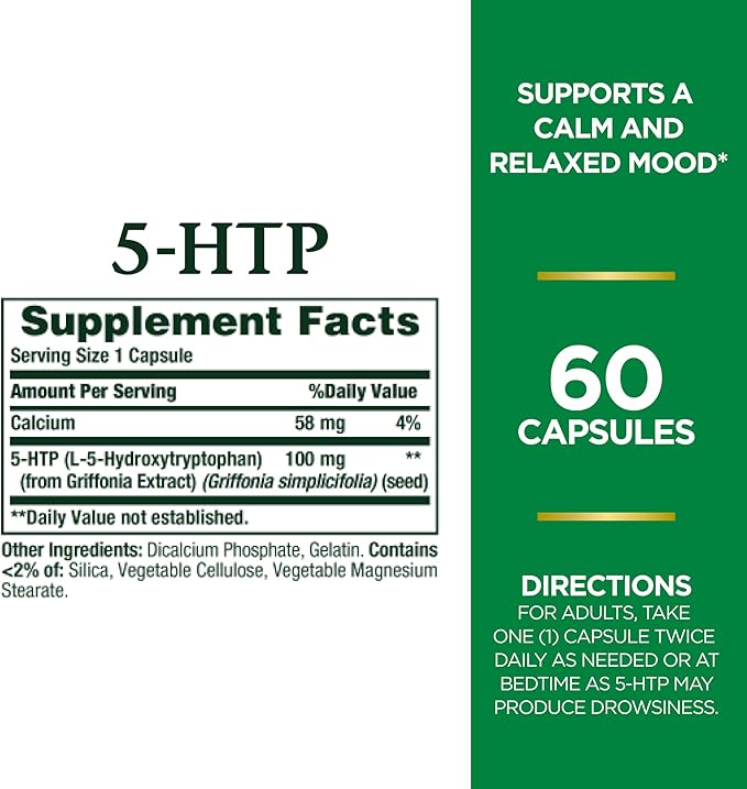 Nature's Bounty 5-HTP Pills and Dietary Supplement, Supports a Calm and Relaxed Mood, 100mg, 60 Capsules