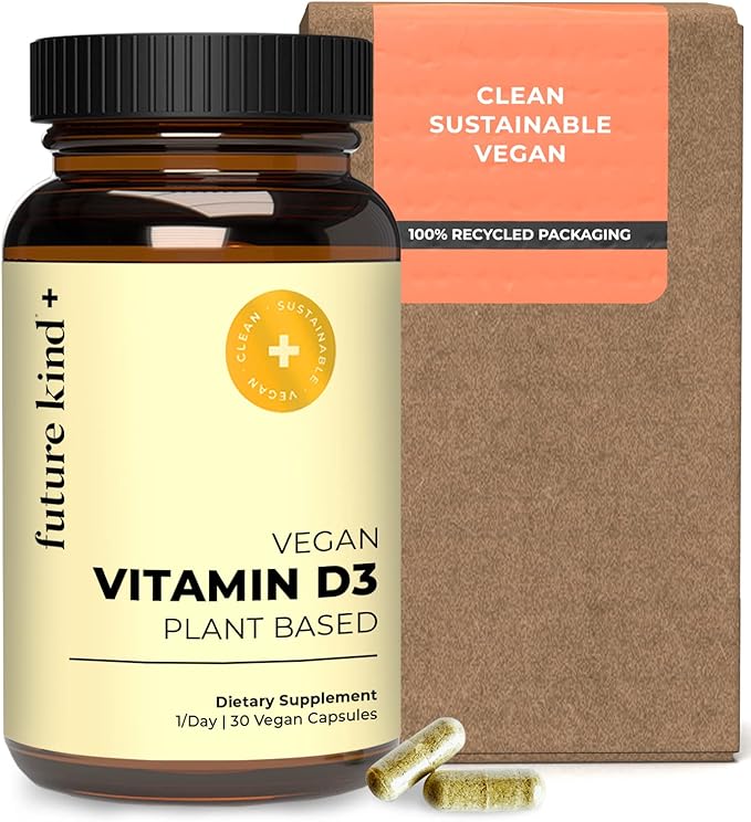 Future Kind Vegan Vitamin D3 (30 Softgels in Glass Bottle) - 2500 IU Plant-Based Vitamin D Supplements for Cell and Immune Support - Sugar-Free, Lichen-Based Vitamin D Supplements for Women & Men
