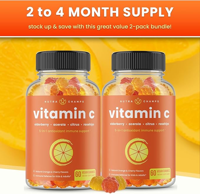 Vitamin C Gummies for Adults & Kids | 5-in-1 Immune System Support with Elderberry, Rosehips, Citrus Bioflavonoids & Acerola Cherry | Vegan VIT C Immunity Booster Supplement Chewable Gummy (2 Pack)