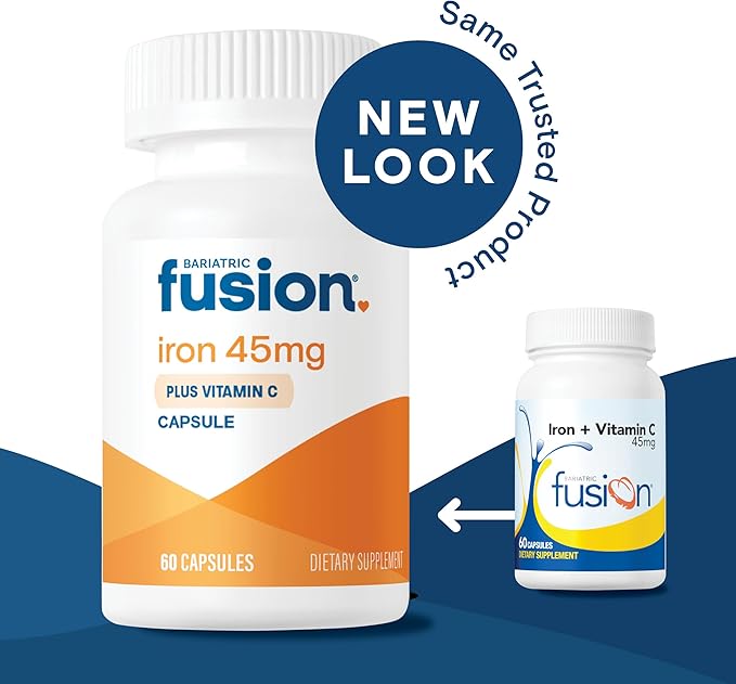 Bariatric Fusion Iron Supplement 45mg with Vitamin C | 1 Per Day | Vitamins for Women and Men | Gluten, Dairy and Soy Free | Non-GMO | 60 Count