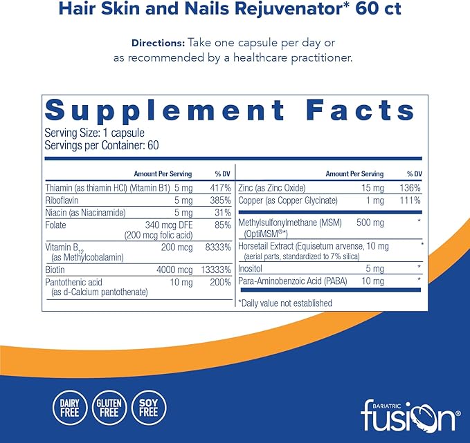 Bariatric Fusion ONE Per Day Bariatric Hair Skin and Nails Vitamins REJUVENATOR for Women | Bariatric Vitamin Vegan Supplement Includes Biotin, Vitamin B12, and B1 | Easy to Swallow | 60 Capsules