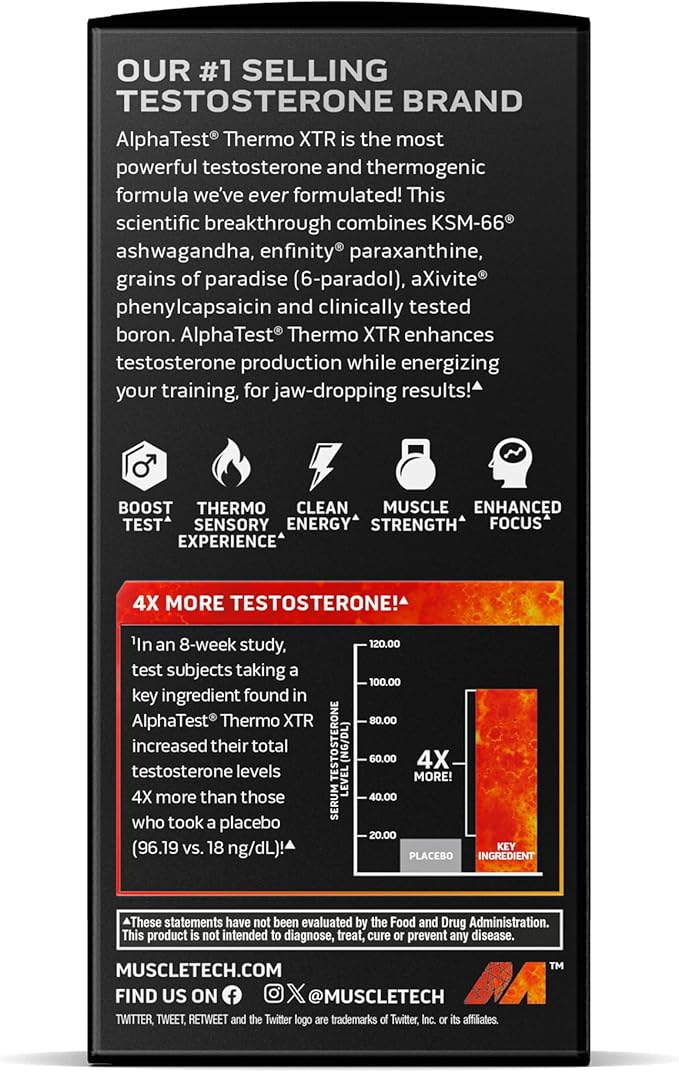MuscleTech AlphaTest Thermo XTR Thermogenic Testosterone Booster| Muscle & Strength Builder for Men | Workout Supplement | 90 Capsules | 30 Servings
