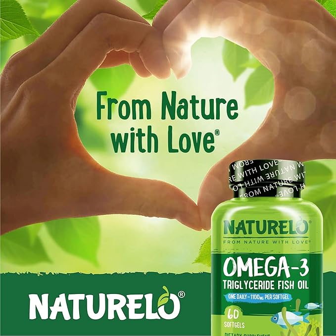 NATURELO Burpless Omega 3 Fish Oil Supplement - 1100mg Triglyceride Omega-3, EPA + DHA, Liquid Fish Oil Omega 3 for Heart, Eye, Brain, Joint Health - 60 Softgels, 2 Months Supply