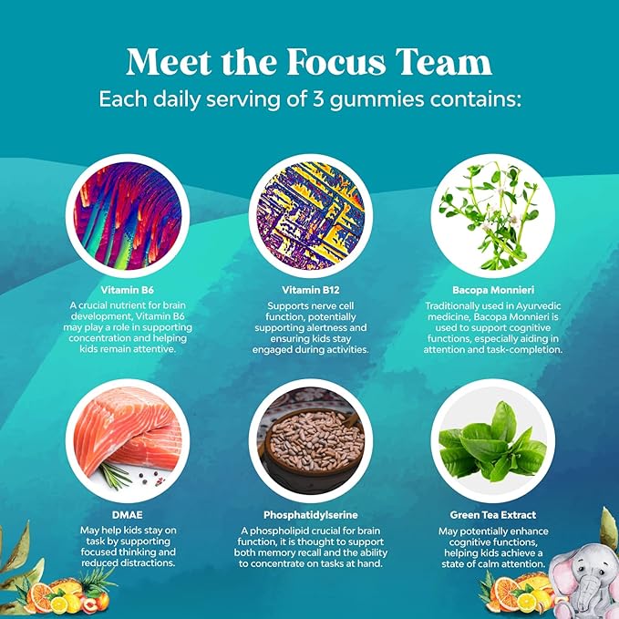 Vegan Brain Focus Gummies for Kids - Kids Focus Supplement with Phosphatidylserine Bacopa Monnieri Green Tea Extract Tyrosine and More Focus Vitamins for Kids Balanced Concentration Energy and Focus