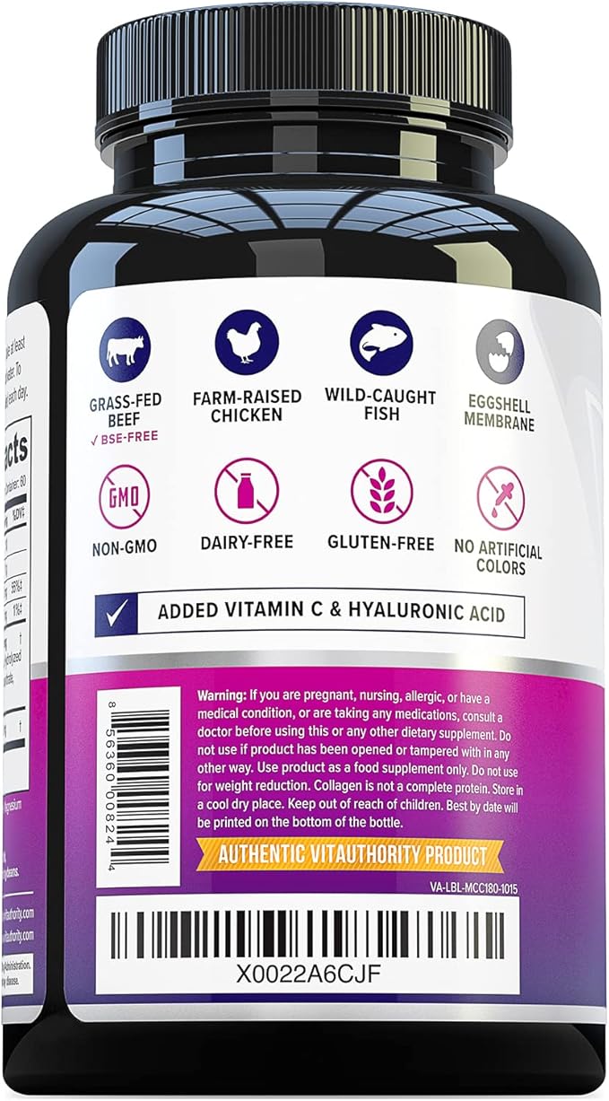 Vitauthority Multi Collagen Pills for Women and Men High Absorption Hydrolyzed Collagen Peptides Capsules for Hair Skin and Nails with Types I II III V X Hyaluronic Acid and Vitamin C - 60 Servings